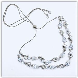Glamorous 2-layer Silver-tone Adjustable Choker W/Brilliant Simulated Diamonds